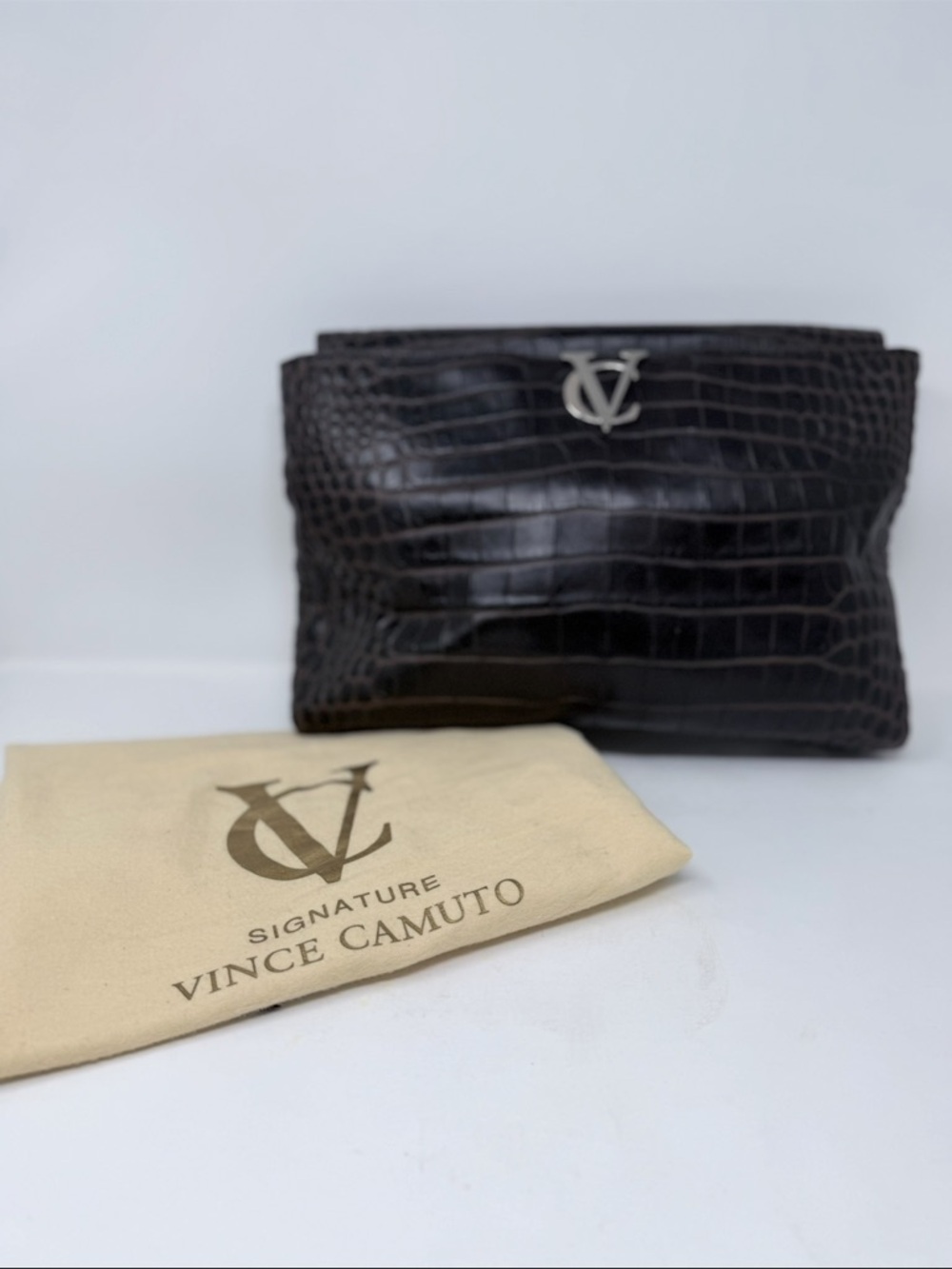 Vince Camuto Dark Brown Croc-Embossed Leather Tote with Matching Pouch - Picture 3 of 10
